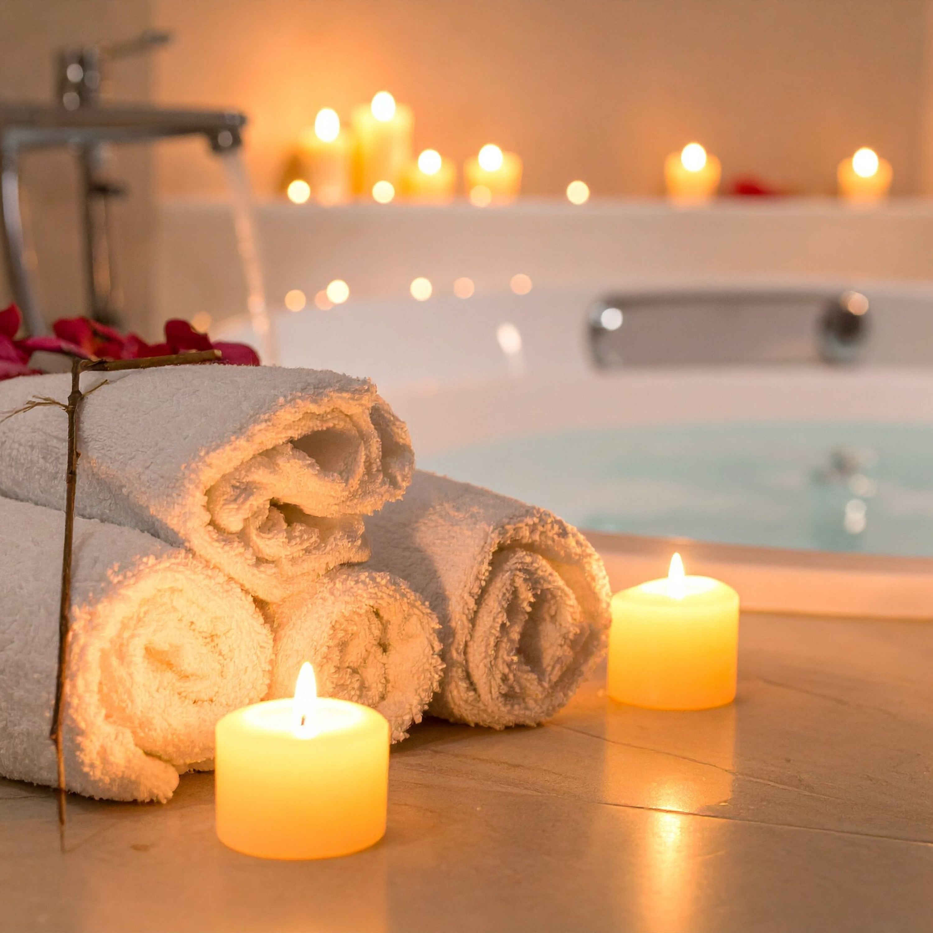Warm spa-inspired scene with candles and towels representing Bath & Body.