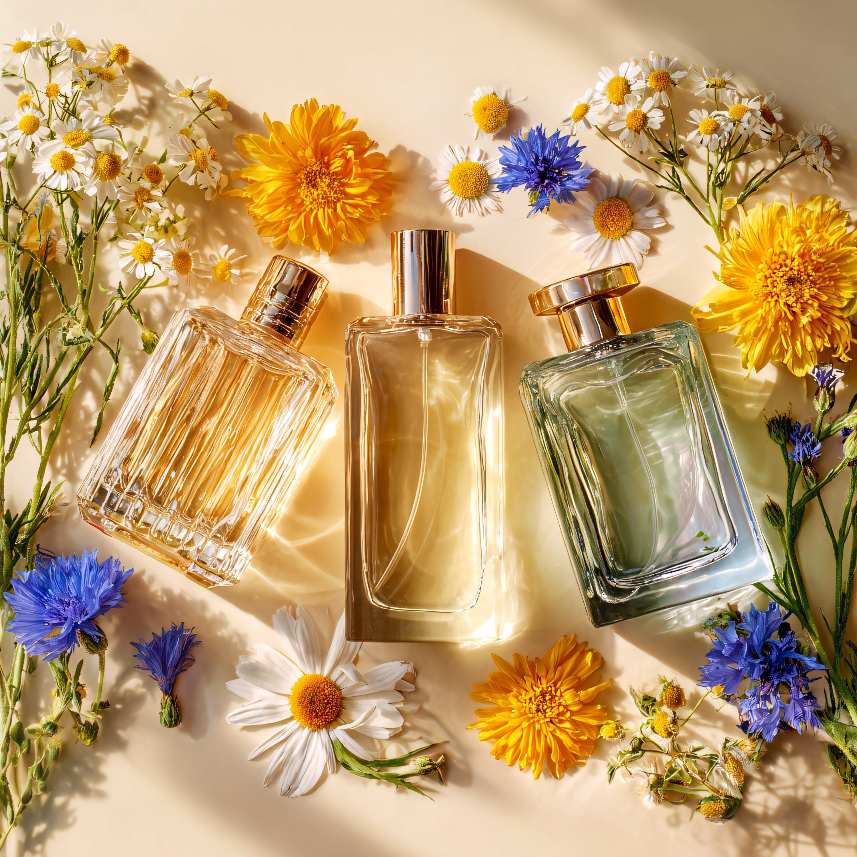Elegant perfume bottles displayed to represent the Fragrance collection.