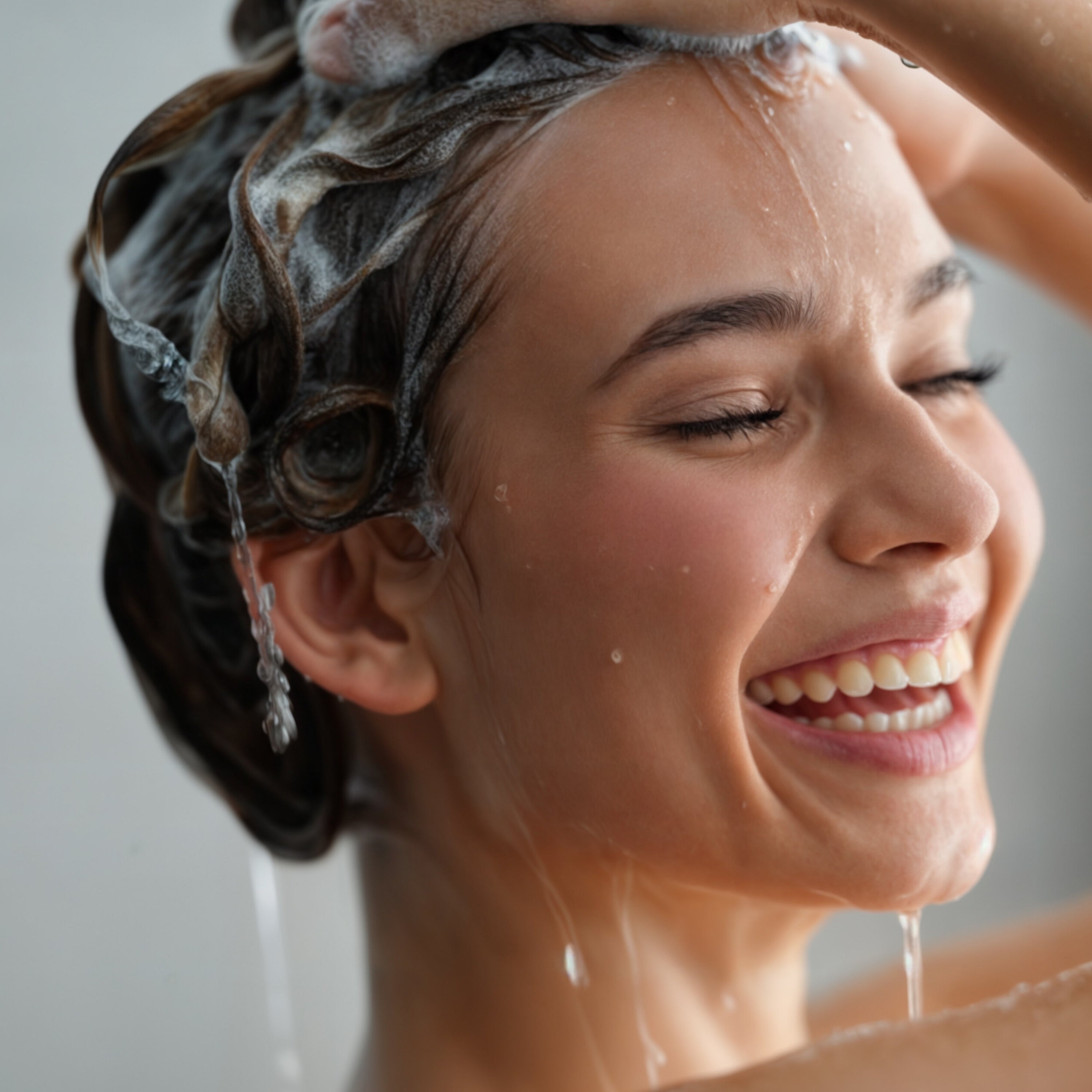 Smiling woman with healthy, shiny hair representing Hair Care.