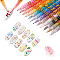 12 Colors Nail Art Pens Set precision tip close-up for fine line detailing.