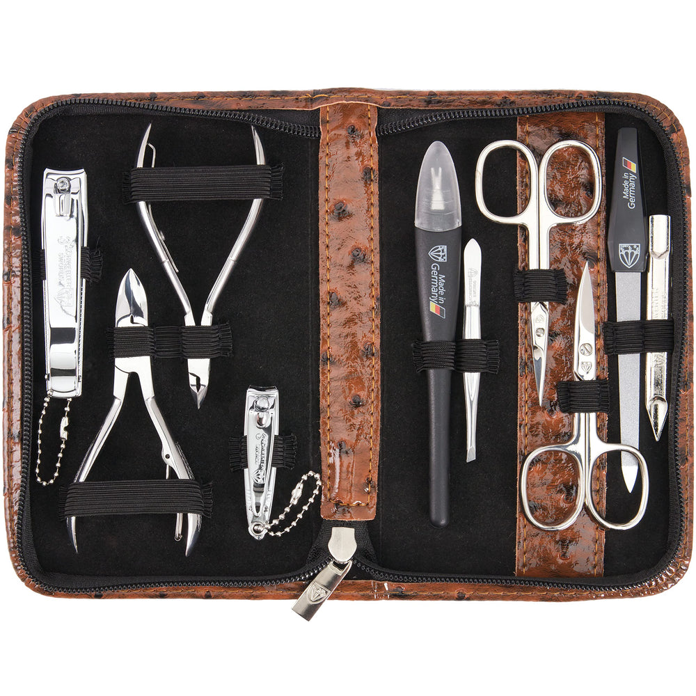 3 Swords Germany manicure pedicure set case-open reveals premium leather travel case.