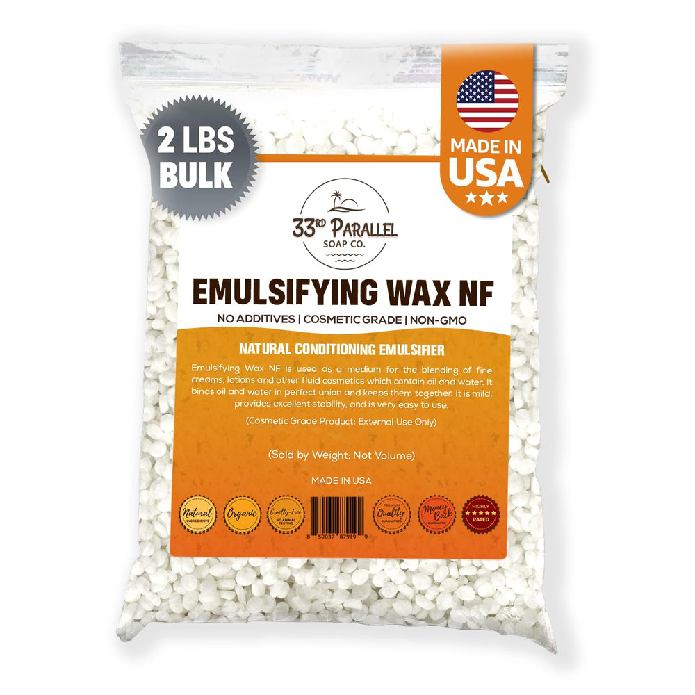 33rd Parallel Soap Co Emulsifying Wax NF pastilles packaging, ideal for cosmetic-grade creams.