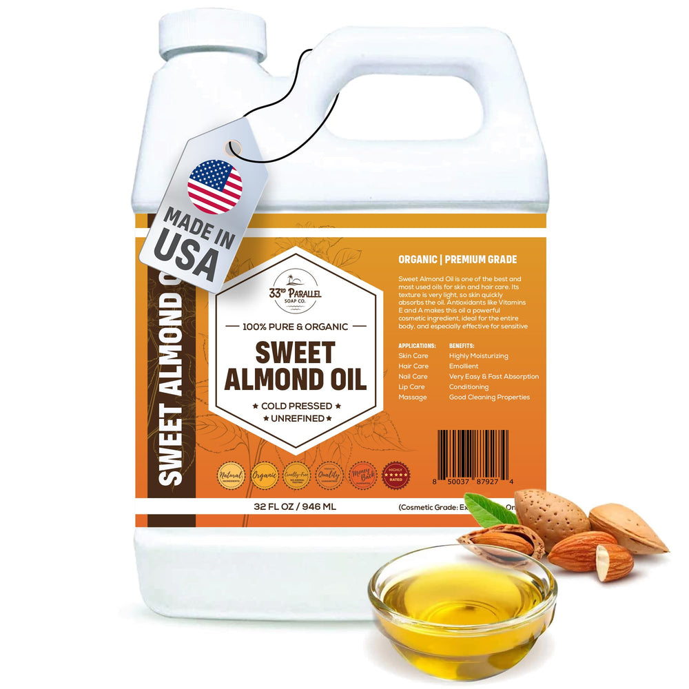 33RD PARALLEL SOAP CO Organic Sweet Almond Oil bottle for skin care and hydration.