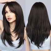 7JHH WIGS long natural black wig with bangs, straight look for daily wear.