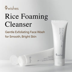 9 Wishes Rice Foaming Cleanser foam close-up demonstrates creamy lather ready for refreshing cleansing.