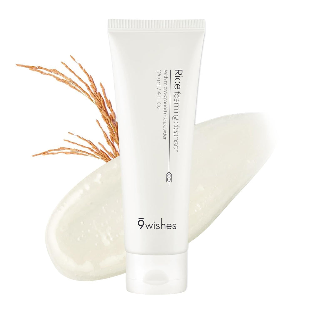 9 Wishes Rice Foaming Cleanser packaging highlights daily use for Korean skincare.