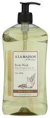 A LA MAISON Oat Milk Body Wash bottle closeup, gentle cleansing for sensitive skin.