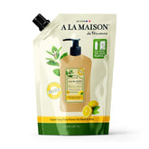A La Maison Provence Lemon Liquid Soap refill doypack closeup with lemon scent and eco-friendly packaging.