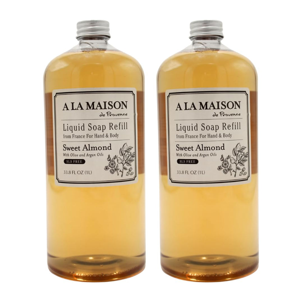 A La Maison Sweet Almond refill bottle front, eco-friendly and space-saving
