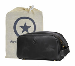 Aaron Leather Goods Vendimia Toiletry Pouch in black with spacious interior for grooming essentials