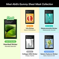 Abib gummy-sheet-mask skin-barrier hydration closeup indicating long-lasting moisture for dry skin.