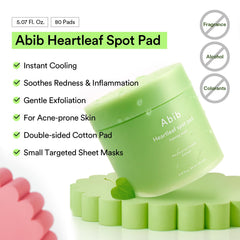 Abib Heartleaf Spot Pad close-up shows houttuynia extract for calming relief.