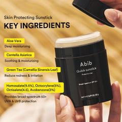 Abib Quick Sunstick with aloe, centella and green tea for soothing care.