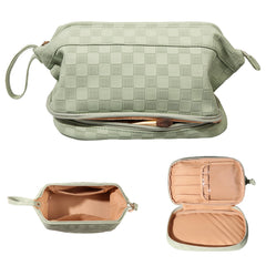 Abiudeng large makeup bag green with spacious interior for cosmetics on the go.