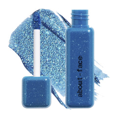aboutface Fractal Glitter Eye Paint Above Santorini bottle shows long-lasting shimmer on lids