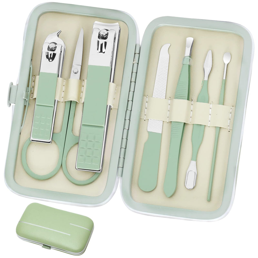 Aceoce manicure set front view highlights travel-ready case for grooming on the go.