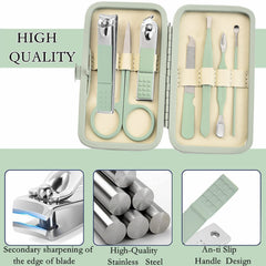 Aceoce stainless steel tools closeup shows durable, precise nail care for home or travel.