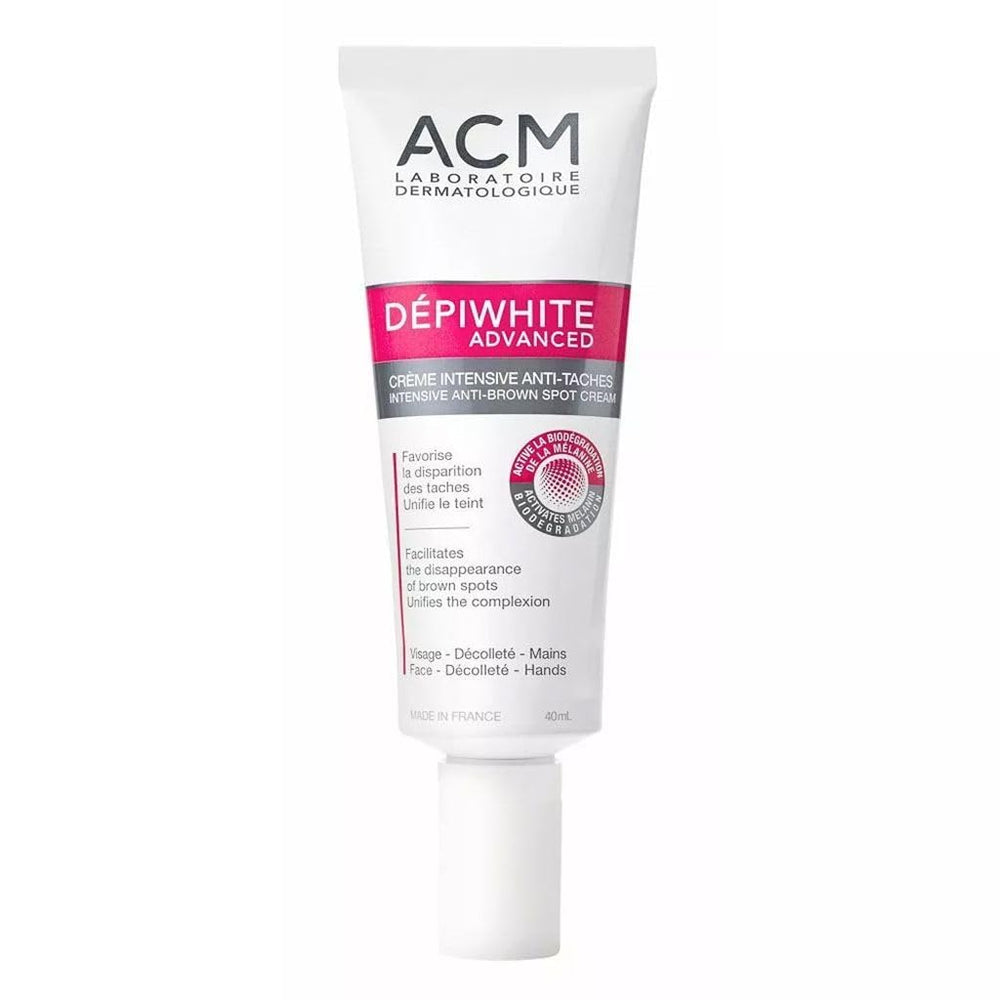 ACM Depi White advanced cream tube close-up showing premium packaging for daily use