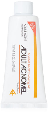 Acnomel adult acne cream bottle with tinted coverage for blemish-prone skin.
