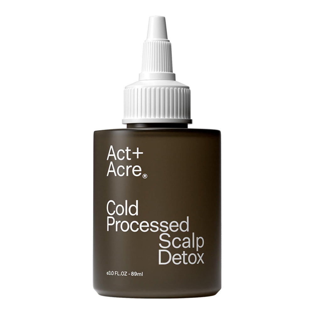 ACT+ ACRE scalp detox oil bottle pour shows a clean, refreshing cleanse for the scalp.