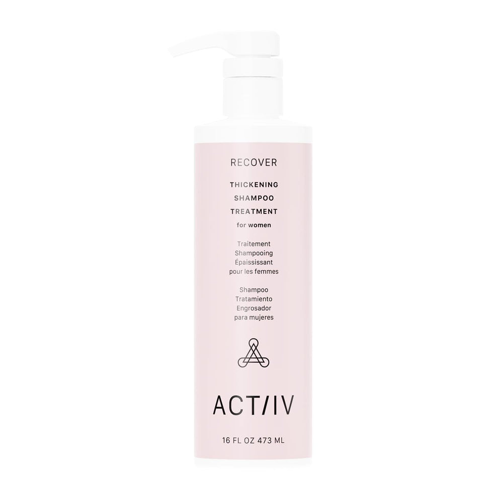 ACTIIV Recover shampoo bottle highlights a plant-based formula for fuller-looking hair.