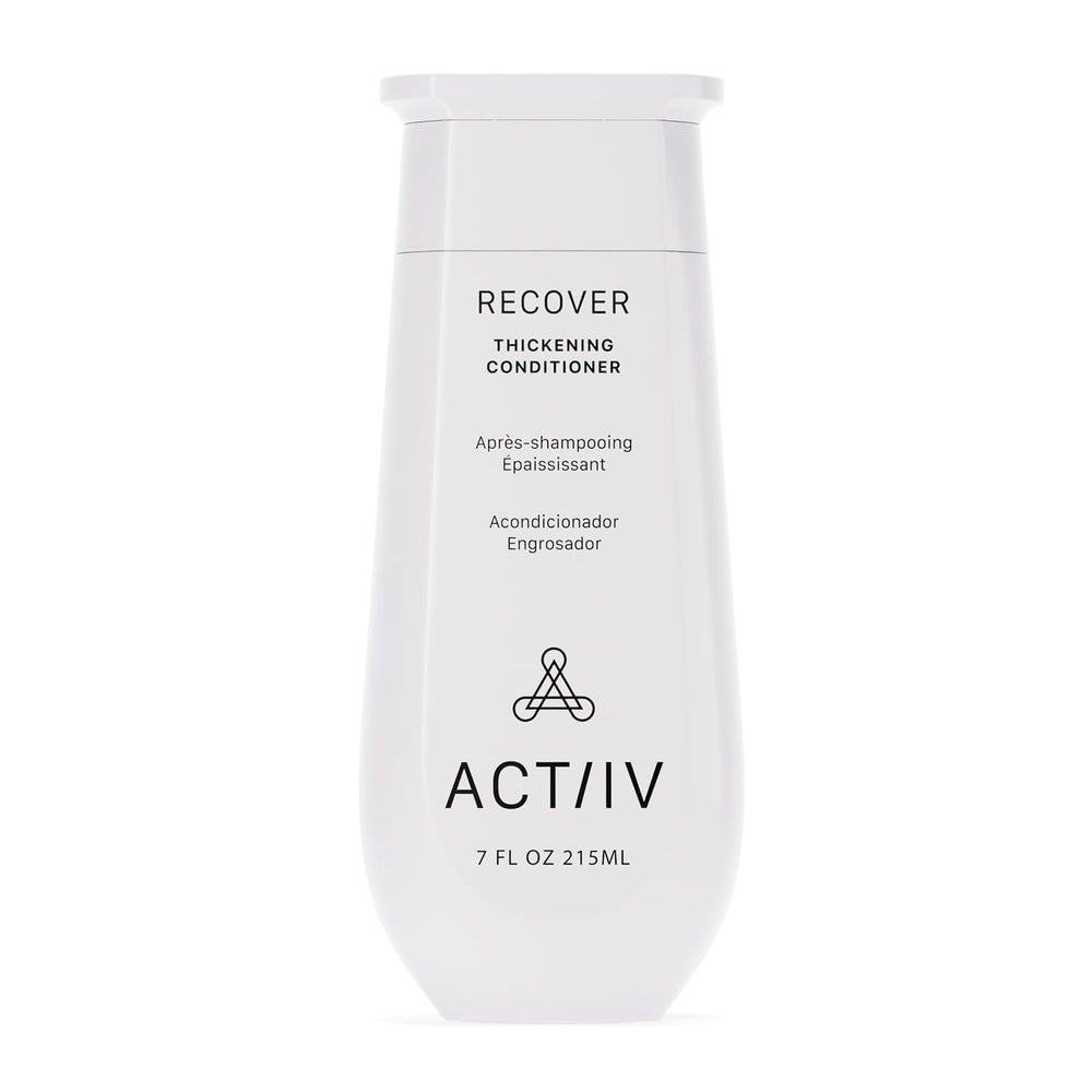 ACTIIV Recover Thickening Conditioner bottle closeup highlights plant-based formula for fuller-looking hair