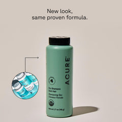 Acure Dry Shampoo brunette powder-dispense demonstrates color-boosting refresh for dark hair.