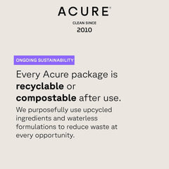 Acure ingredients panel highlights argan and pumpkin seed oils for moisturization.