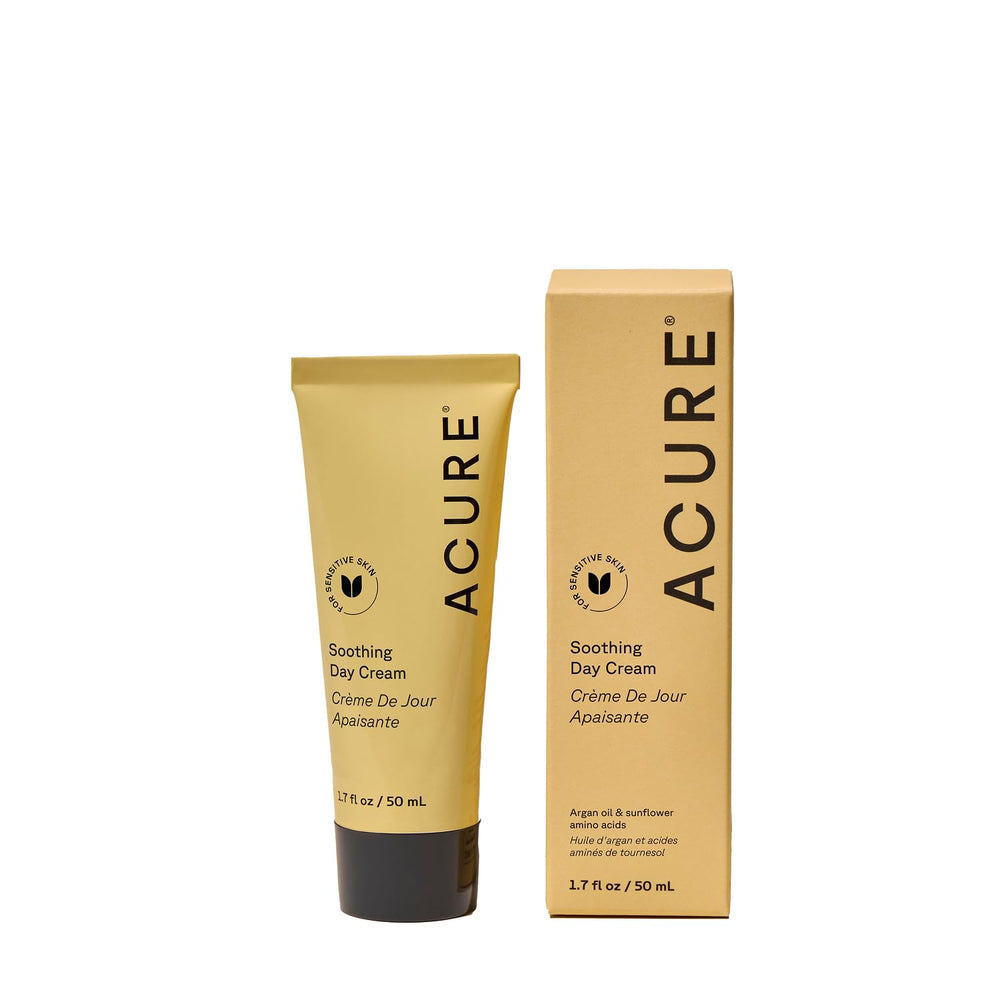 Acure Soothing Day Cream tube front shows lightweight hydration for dry skin.