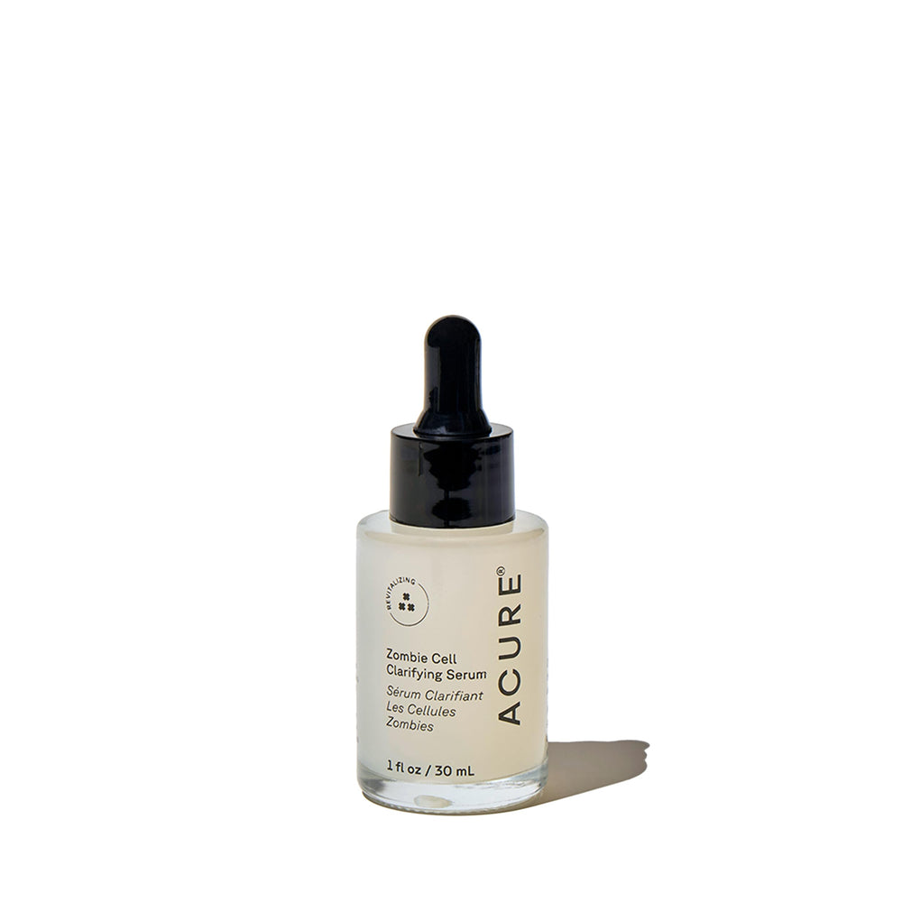 Acure Zombie Cell Clarifying Serum bottle closeup for gentle exfoliation and glow