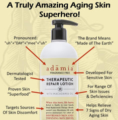 Adamia Therapeutic Repair Lotion texture close-up demonstrates non-greasy absorption.