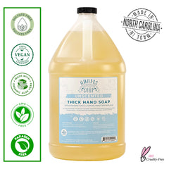 Adams Handmade Soap unscented castile bottle label highlighting eco-friendly ingredients and cruelty-free credentials