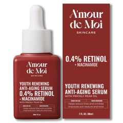 Amour De Moi ADM retinol serum bottle pour promotes smoother skin and even tone