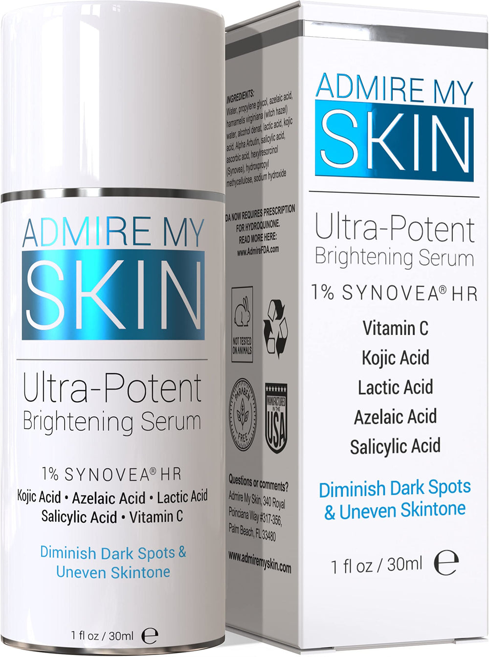 Admire My Skin dark spot corrector bottle on counter for daily brightening.