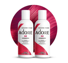 Adore Crimson hair color bottle close-up showcases vibrant pigment for bold red results.