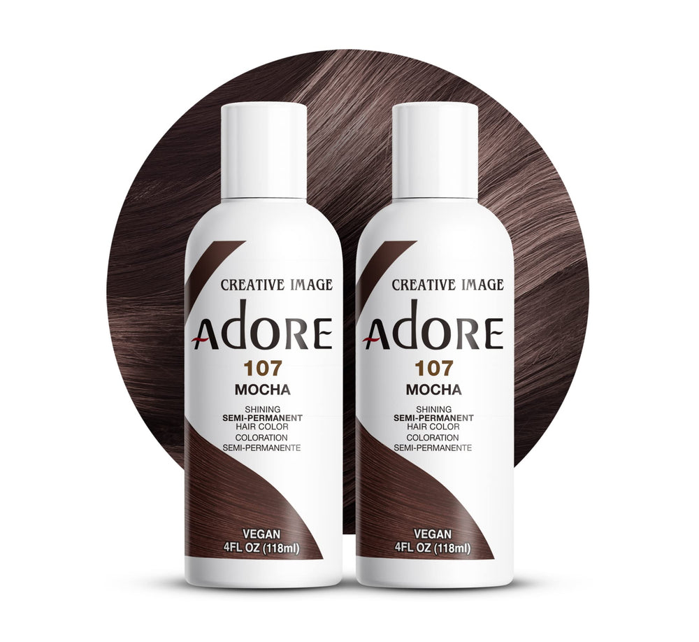 Adore 107 Mocha bottle displays vibrant brown shade for salon-like color at home.