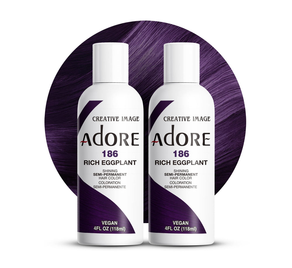 Adore semi-permanent hair color eggplant bottle shows vibrant purple pigment.