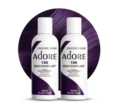 Adore semi-permanent hair color eggplant bottle shows vibrant purple pigment.