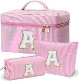 Adoryoung monogram makeup bag front view with chenille initial for personalized style.