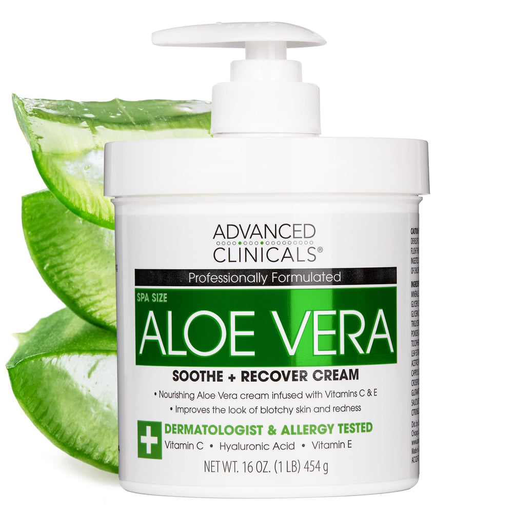 Advanced Clinicals Aloe Vera Lotion bottle demonstrates hydrating body moisturizer for dry skin relief