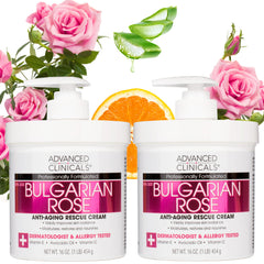 Advanced Clinicals Bulgarian Rose Lotion bottle shows velvety hydration for aging skin.
