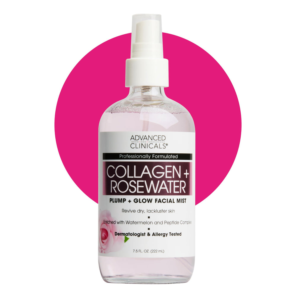 Advanced Clinicals Collagen Rosewater Face Mist bottle for on-the-go hydration.