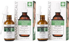 Advanced Clinicals collagen serum bottle showcases hydrating facial care for smoother skin