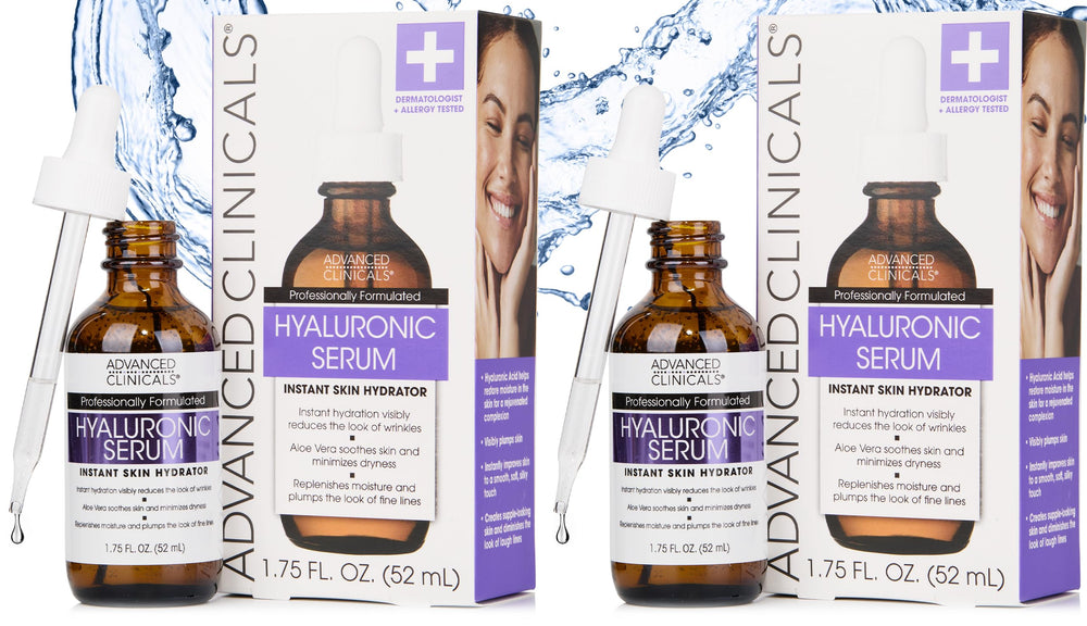 Advanced Clinicals Hyaluronic Acid Serum bottle close-up highlighting hydration for the skin.