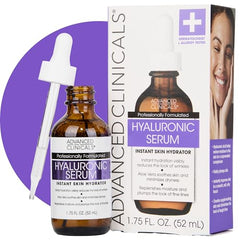 Advanced Clinicals Hyaluronic Serum bottle label highlights green tea and vitamin E benefits.