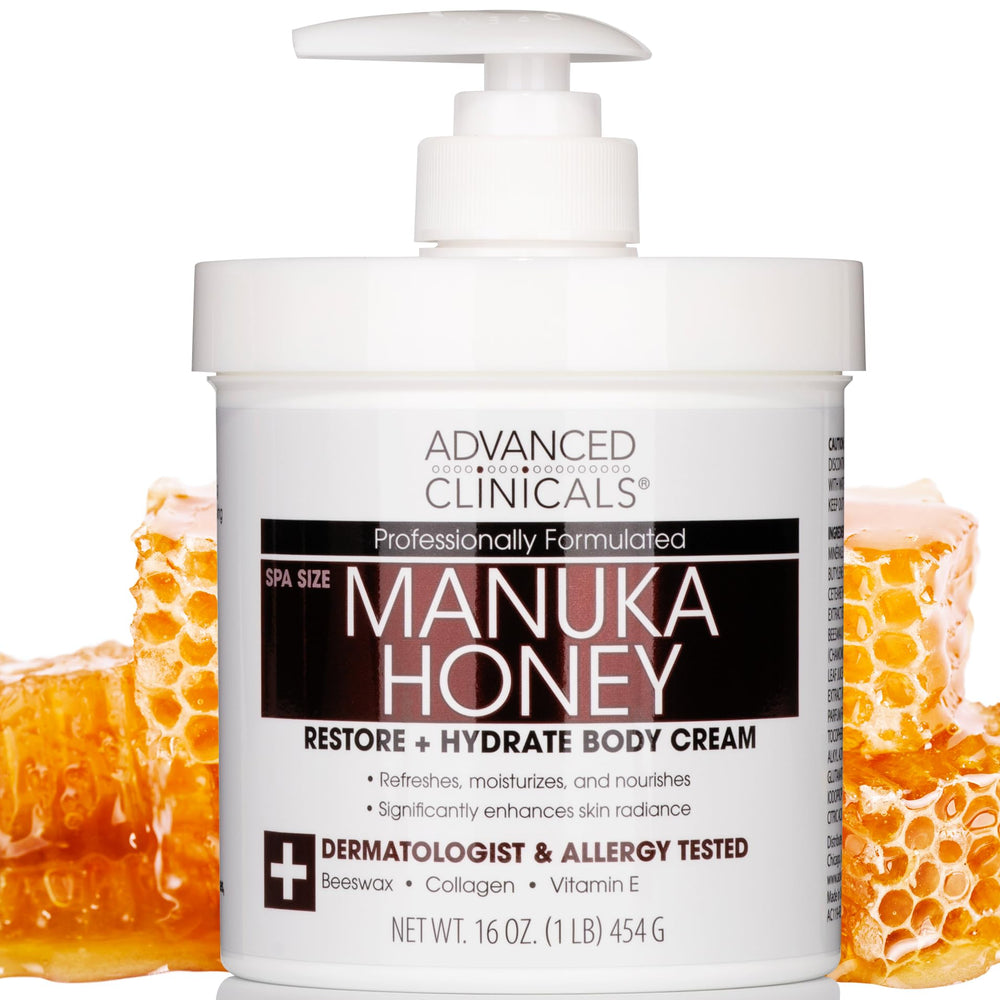 Advanced Clinicals Manuka Honey Body Cream jar closeup showing rich hydration for dry skin