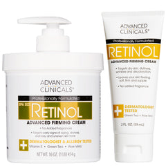 Advanced Clinicals retinol body cream jar shows a smooth, firming effect on skin texture.