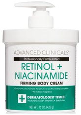 Advanced Clinicals Retinol Body Lotion bottle demonstrates hydrating anti-aging care for firmer skin.