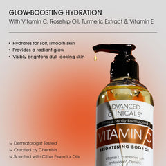 Advanced Clinicals Vitamin C Brightening Body Oil pour shows smooth application and quick absorption.