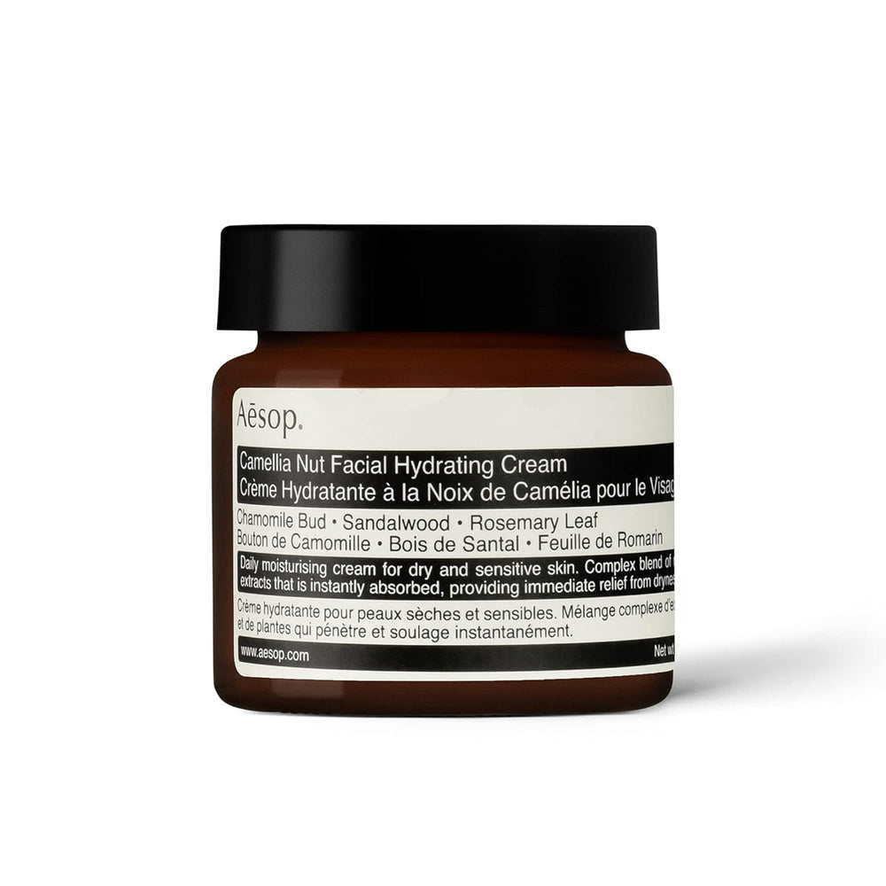 Aesop Camellia Nut Facial Hydrating Cream bottle delivers lasting hydration for dry skin.